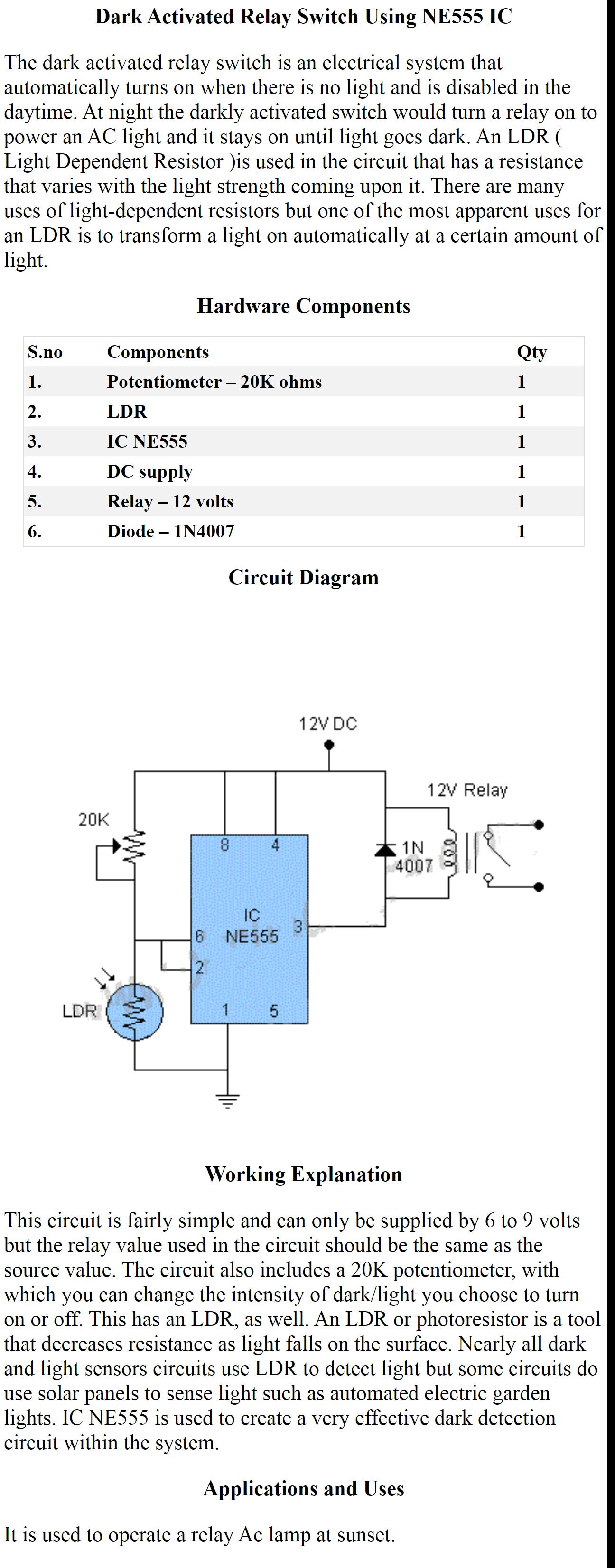 Dark Activated Relay Switch Using NE555 IC