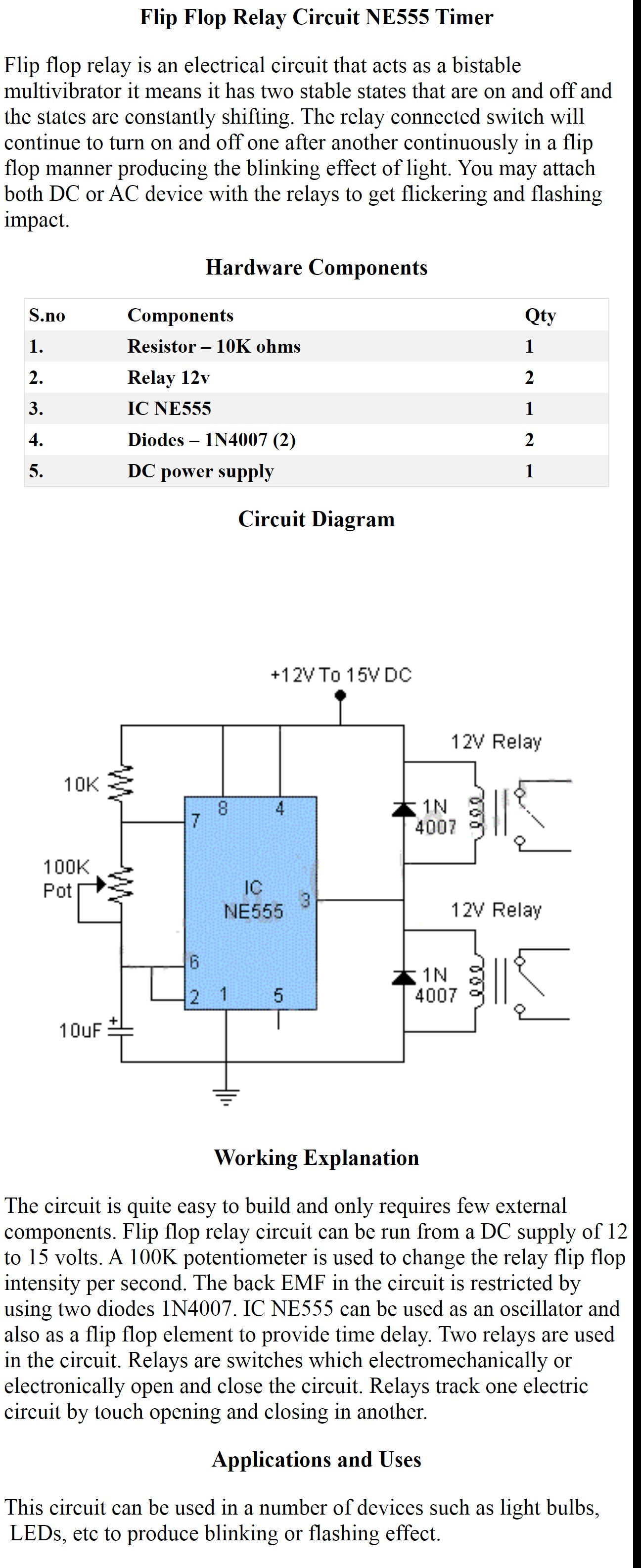 Flip Flop Relay Circuit NE555 Timer