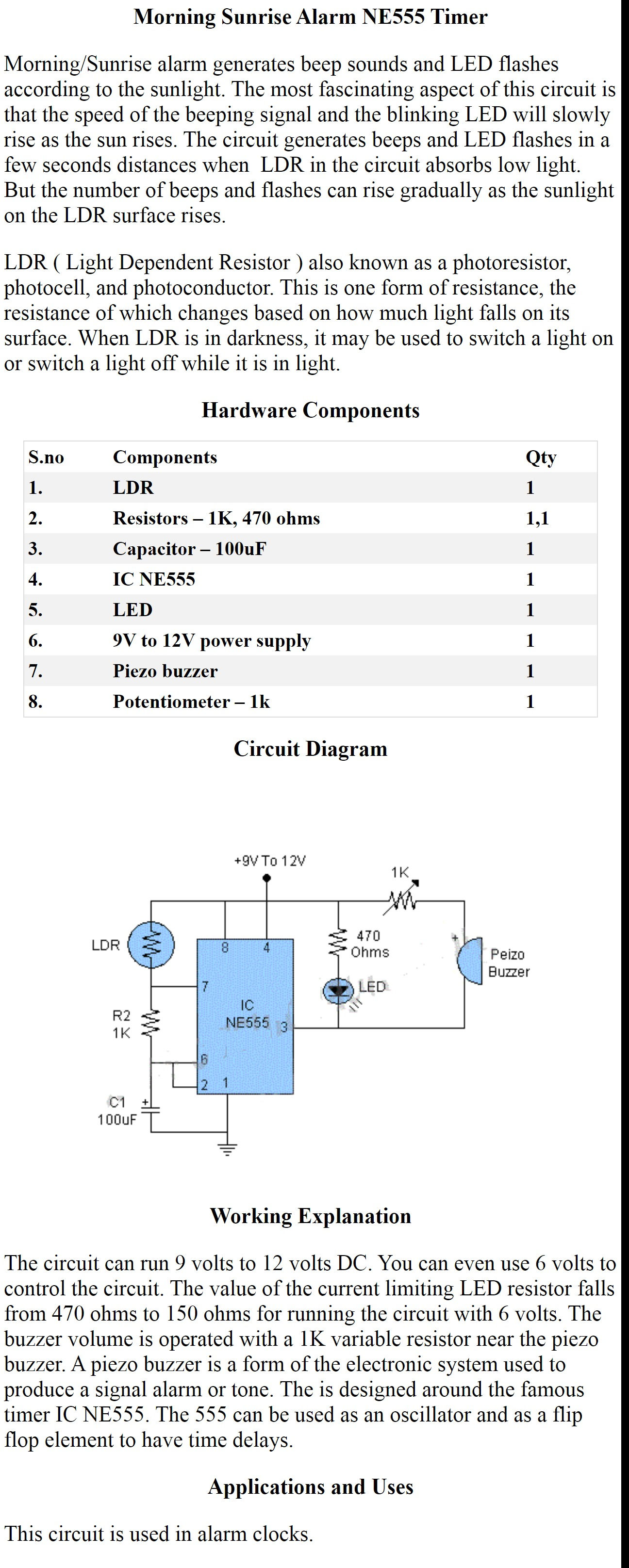 Morning Sunrise Alarm NE555 Timer
