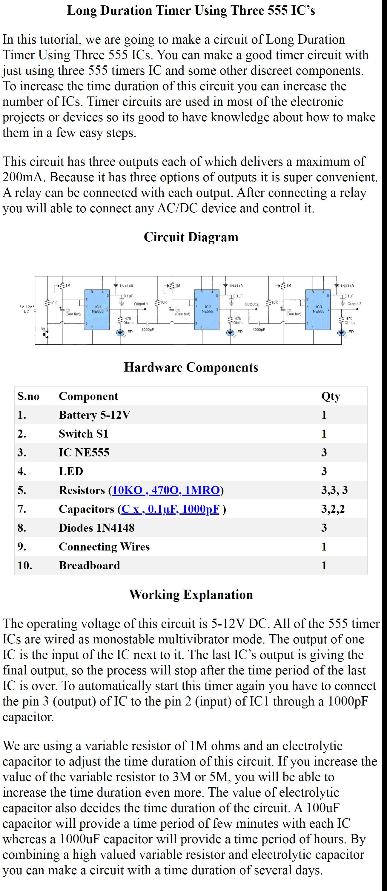 Long Duration Timer Using Three 555 ICs