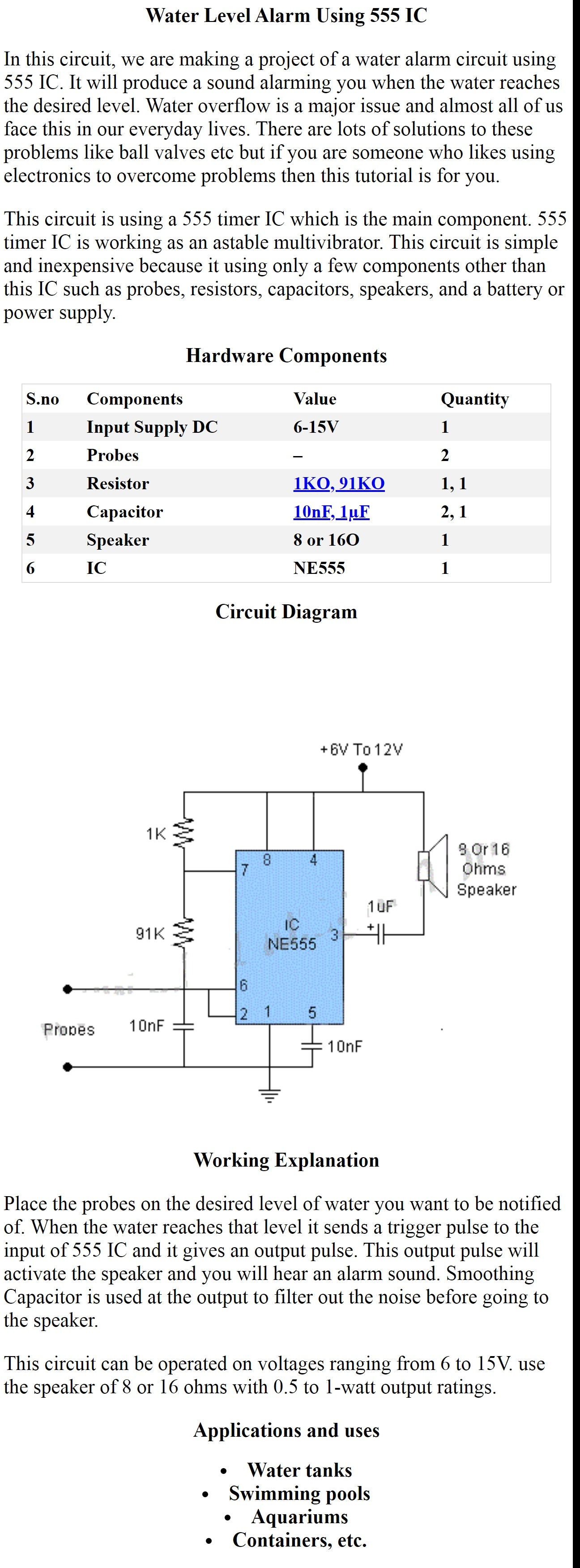 Water Level Alarm Using 555 IC