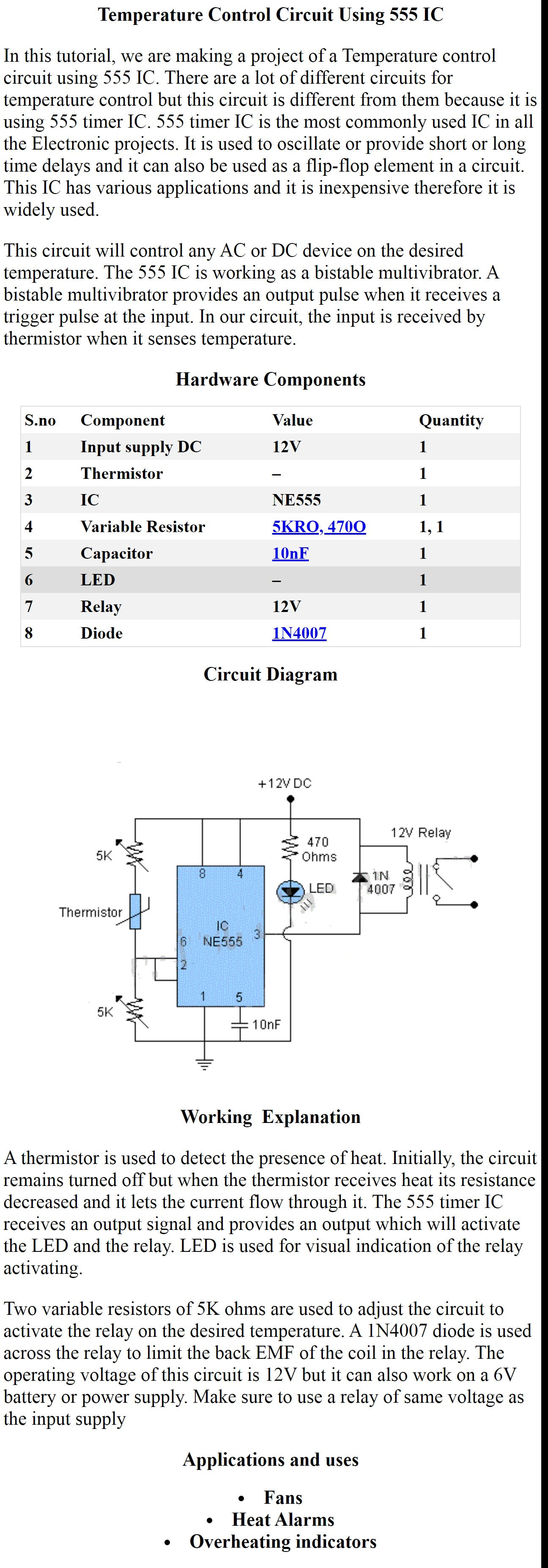 Temperature Control Circuit Using 555 IC