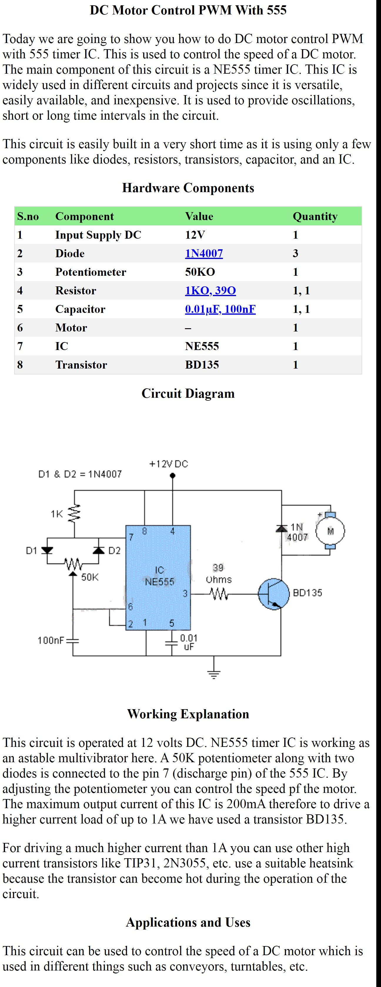 DC Motor Control PWM With 555