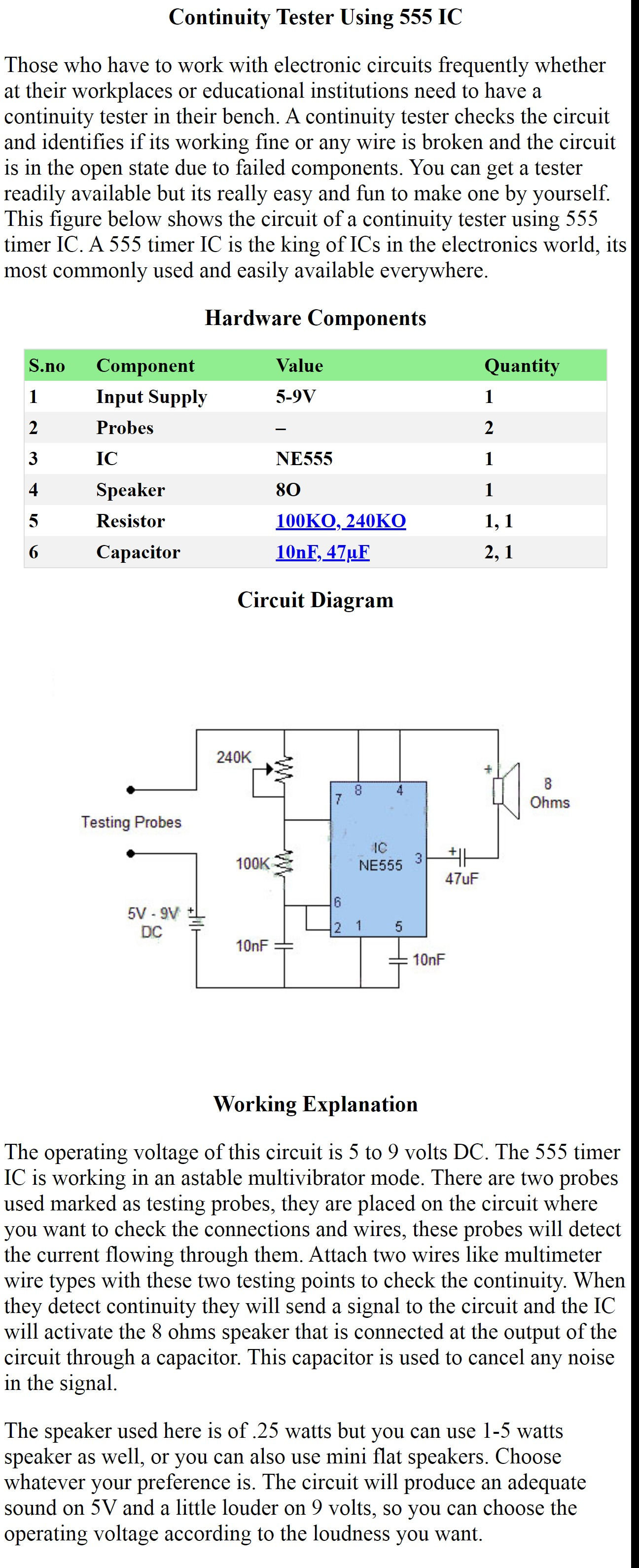 Continuity Tester Using 555 Timer IC