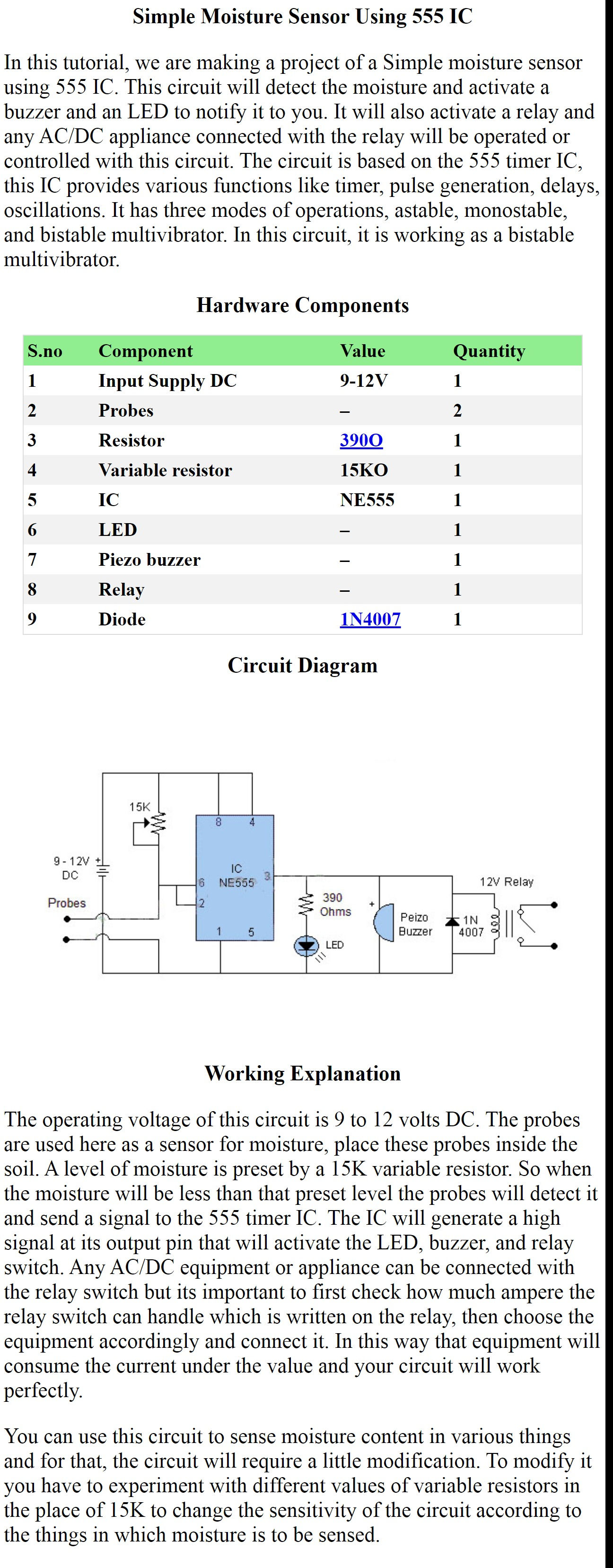 Simple Moisture Sensor Using 555 IC