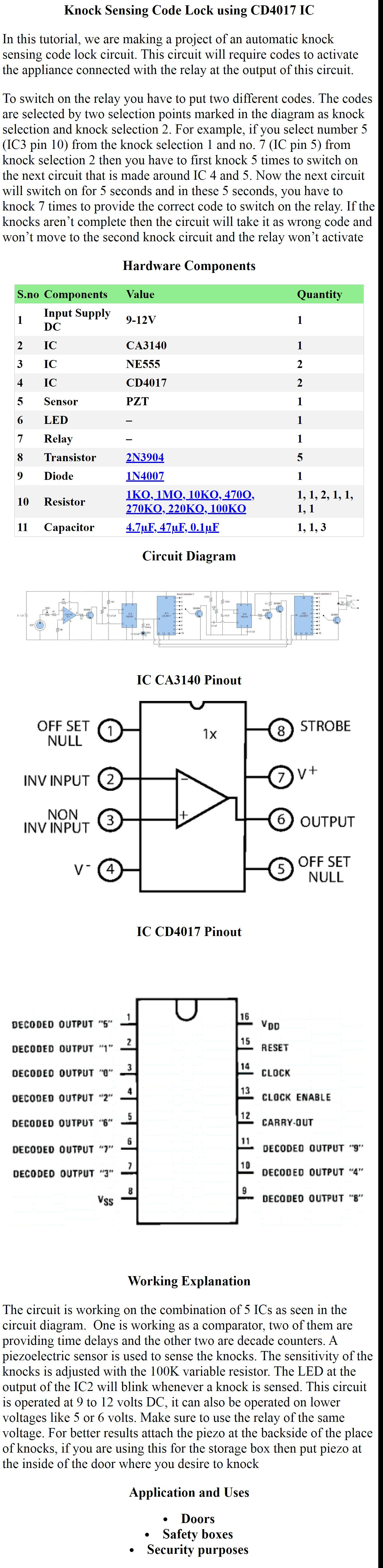 Knock Sensing Code Lock using CD4017 IC
