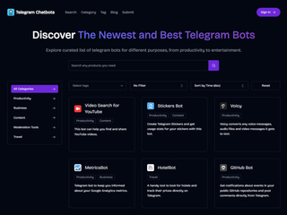 Telegram Chatbots: Explore curated list of telegram bots for different purposes, from productivity to entertainment. screenshot