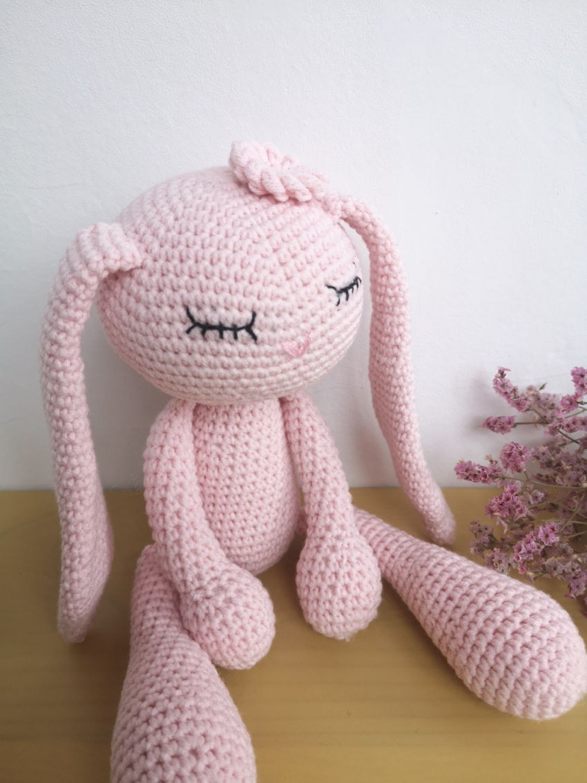 Nertas žaisliukas, rožinė kiškutė, 27 cm, aukščio, medvilniniai siūlai žaislai | minkšti | nertas žaisliukas, rožinė kiškutė, 27 cm