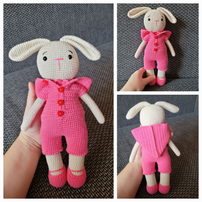 Nertas zuikutis. 30cm. rožinis kombinezonas žaislai | minkšti | nertas zuikutis. 30cm. rožinis kombinez