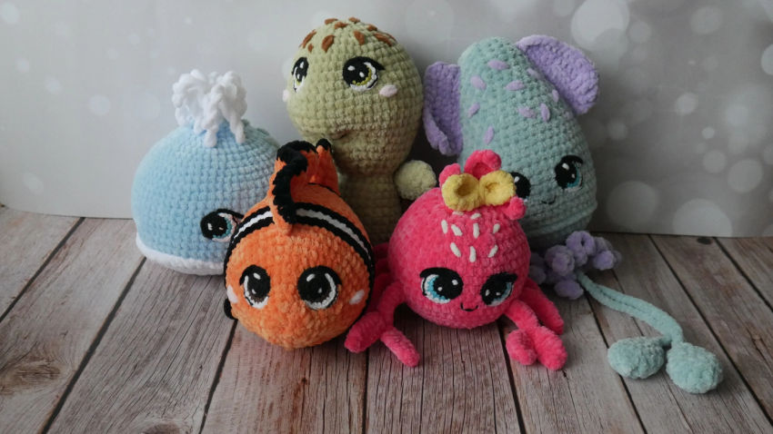 Jūrinė kompanija (žuvelė, vėžlys, kalmaras, banginis ir krabas). 20 cm žaislai | minkšti | jūrinė kompanija (žuvelė, vėžlys, kalmar