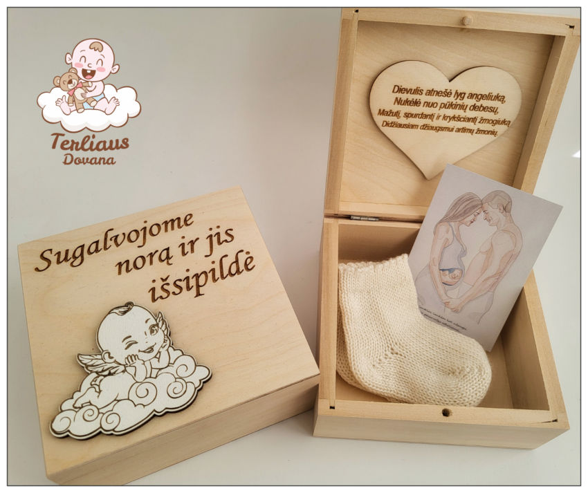 Pranešimo dėžutė apie atkeliaujantį kūdikėlį medinėje dėžutėje dekoracijos | pranešimai | pranešimo dėžutė apie atkeliaujantį kūdi