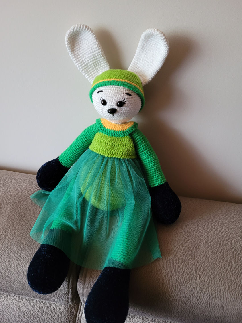 Rankų darbo nerta zuikutis žalias. 56 cm ilgio. žaislai | minkšti | rankų darbo nerta zuikutis žalias. 56 cm