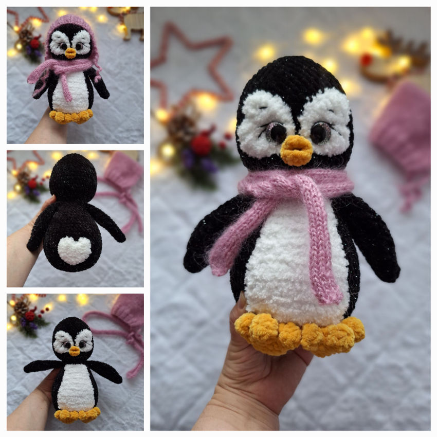 Rankų darbo pliušinis žaislas - pingvinas širdelė juodai blizgus 26 cm žaislai | minkšti | rankų darbo pliušinis žaislas - pingvina