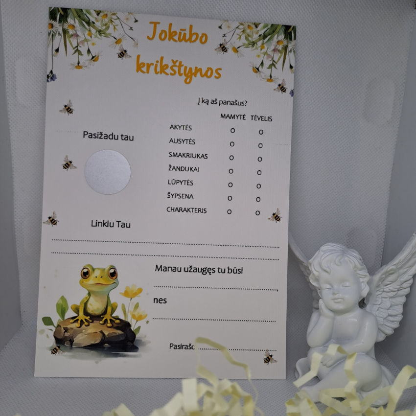 Krikštynų žaidimų kortelių komplektas su varliuku dekoracijos | spauda | krikštynų žaidimų kortelių komplektas su