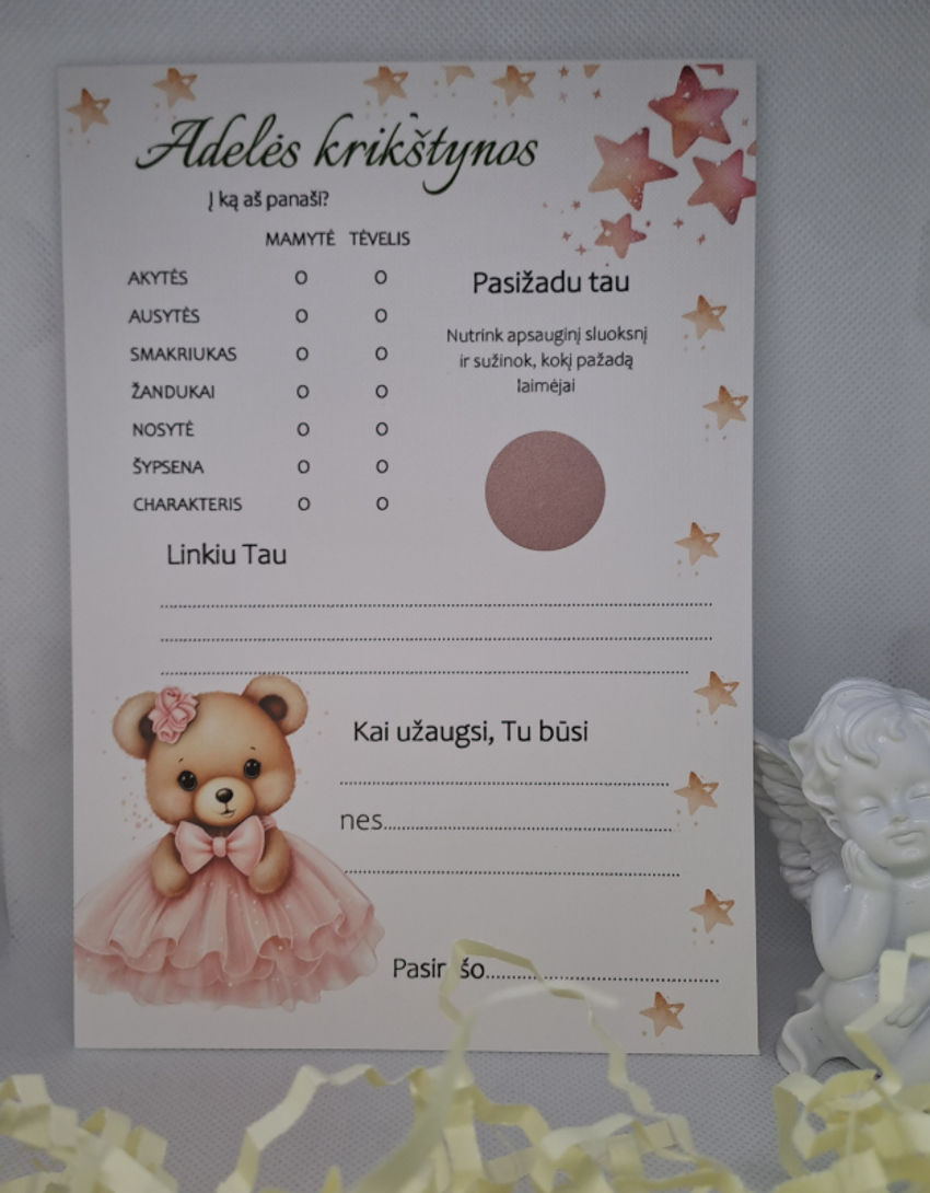 Krikštynų žaidimų kortelių komplketas su rožiniu meškiuku dekoracijos | spauda | krikštynų žaidimų kortelių komplketas su