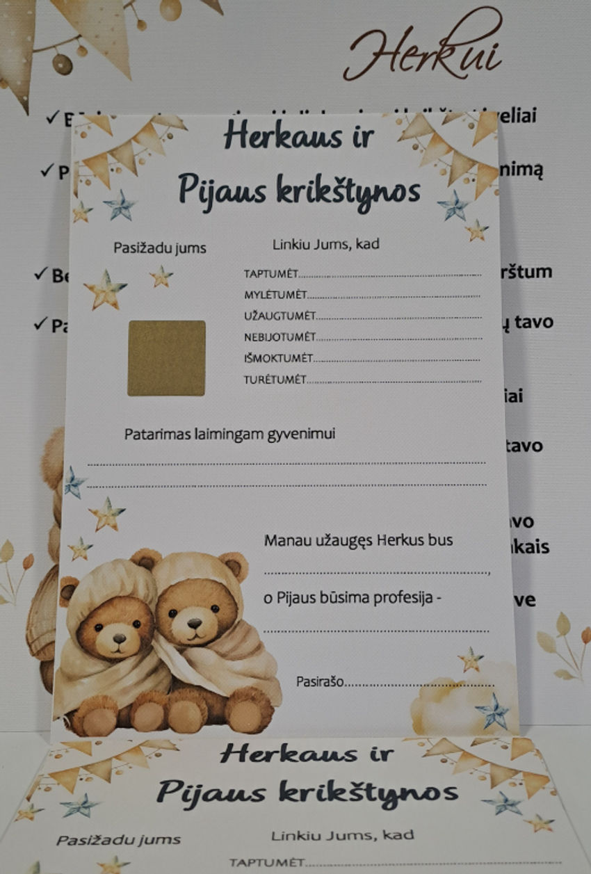 Krikštynų žaidimo kortelių komplektas du meškinai dekoracijos | spauda | krikštynų žaidimo kortelių komplektas du