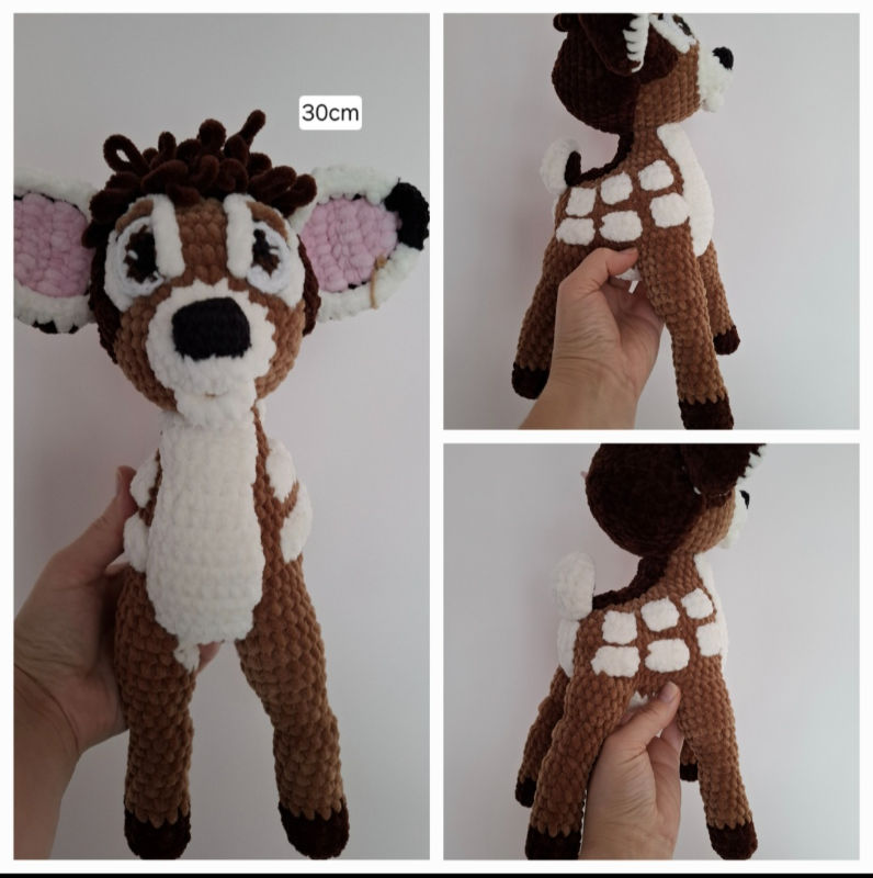 Rankų darbo nertas - bembis aukštis 30cm  spalva ruda  dėmelės pieno baltumo 