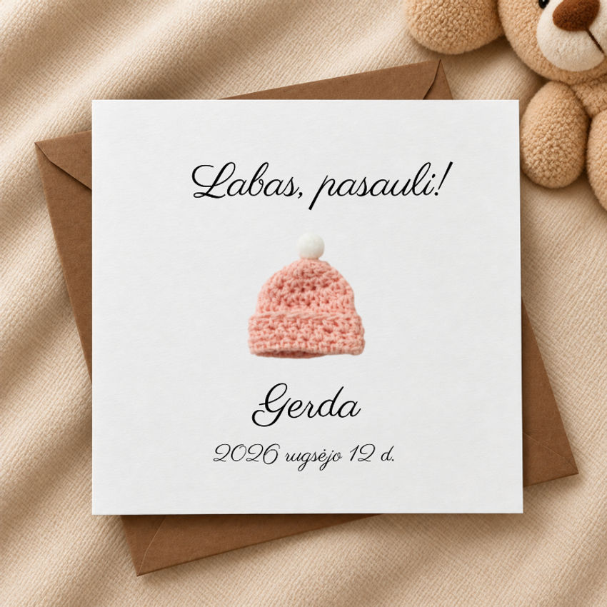 Personalizuotas atvirukas kūdikio gimimo proga su nerta kepuryte ir vardu dekoracijos | spauda | personalizuotas atvirukas kūdikio gimimo