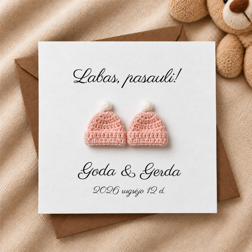Personalizuotas atvirukas kūdikio gimimo proga su nerta kepuryte ir vardu dekoracijos | spauda | personalizuotas atvirukas kūdikio gimimo