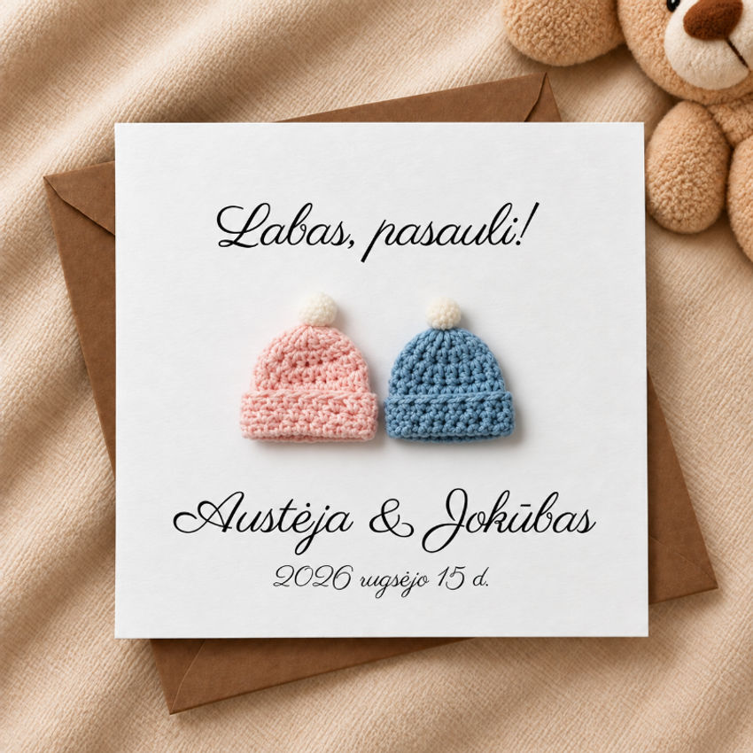 Personalizuotas atvirukas kūdikio gimimo proga su nerta kepuryte ir vardu dekoracijos | pranešimai | personalizuotas atvirukas kūdikio gimimo