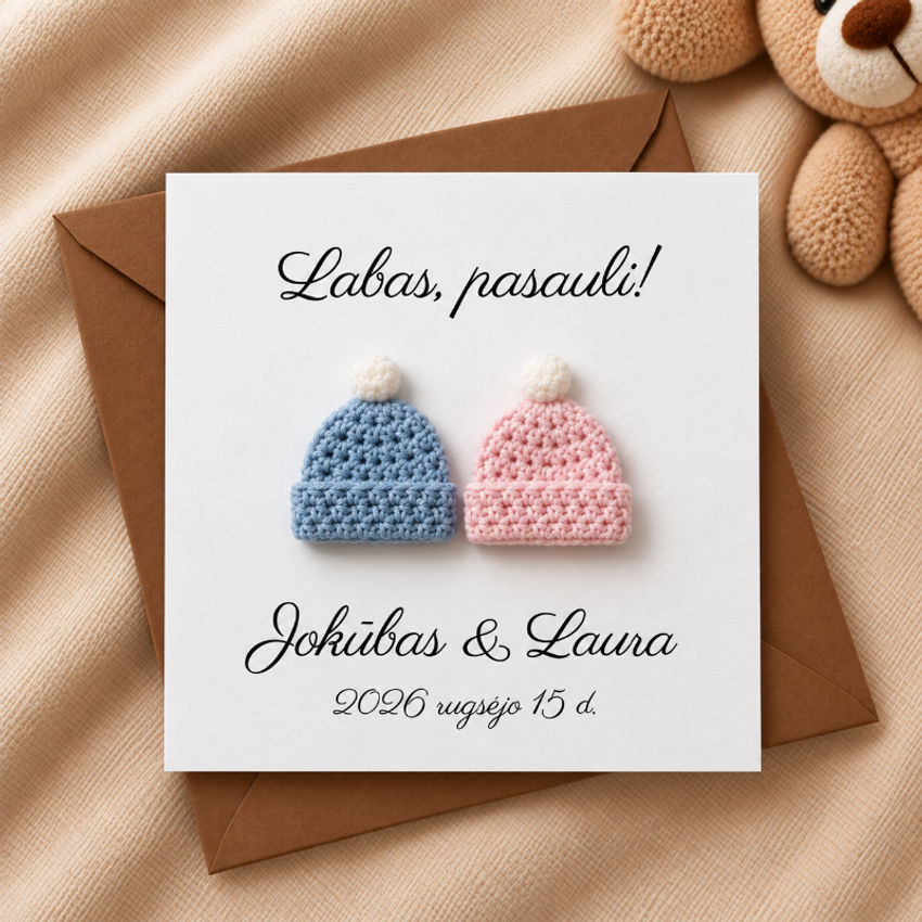 Personalizuotas atvirukas kūdikio gimimo proga su nerta kepuryte ir vardu dekoracijos | pranešimai | personalizuotas atvirukas kūdikio gimimo