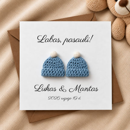 Personalizuotas atvirukas kūdikio gimimo proga su nerta kepuryte ir vardu dekoracijos | pranešimai | Personalizuotas atvirukas kūdikio gimimo