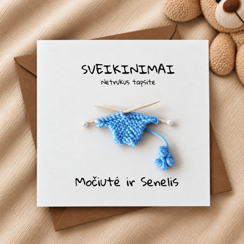 Rankų darbo atvirukas su megztu kūdikio megztuku „netrukus tapsite seneliais!“