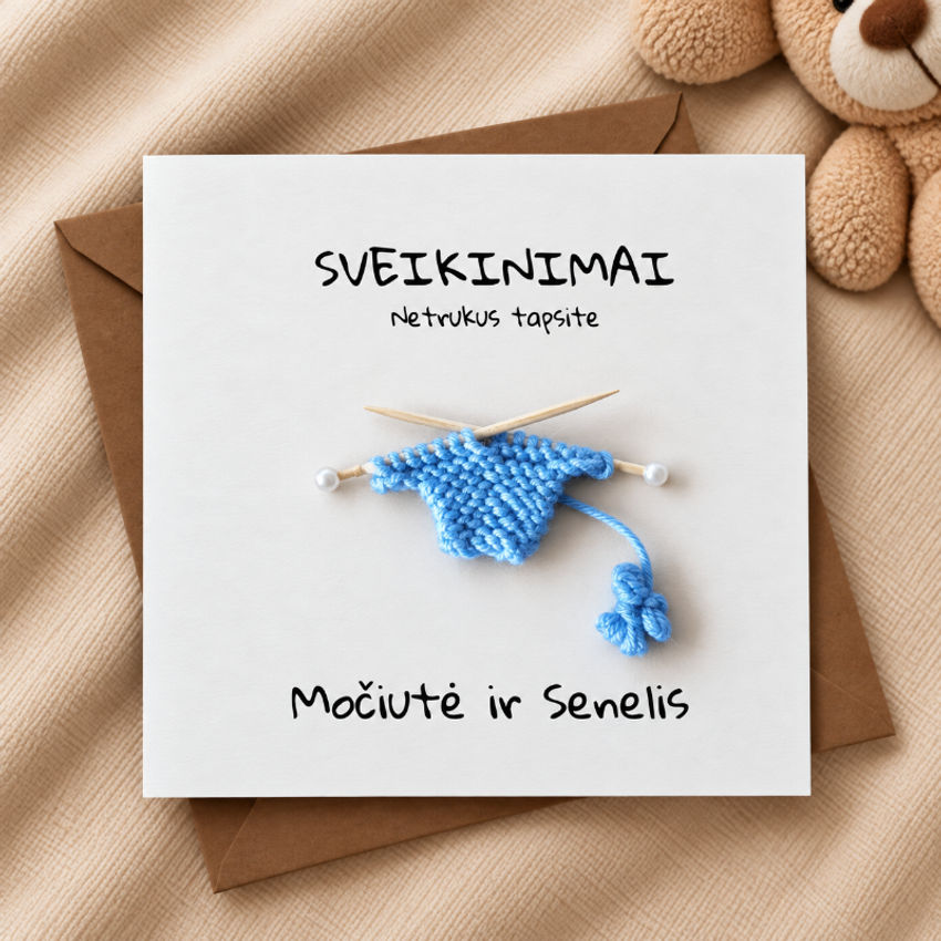 Rankų darbo atvirukas su megztu kūdikio megztuku „netrukus tapsite seneliais!“ dekoracijos | spauda | rankų darbo atvirukas su megztu kūdikio