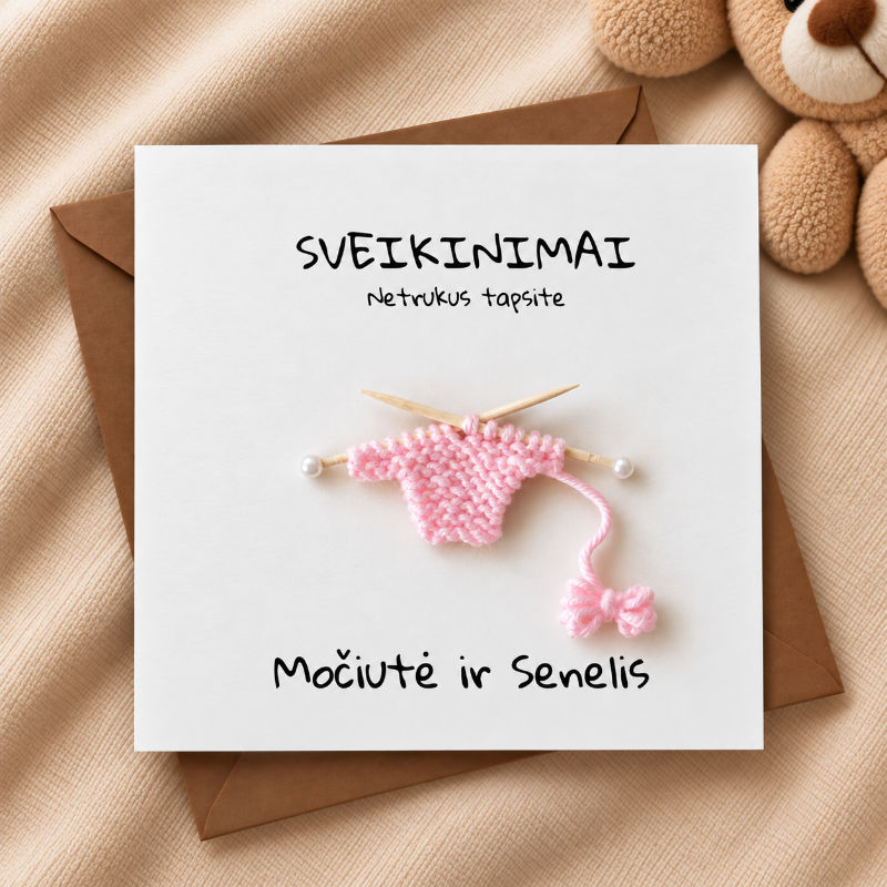 Rankų darbo atvirukas su megztu kūdikio megztuku „netrukus tapsite seneliais!“