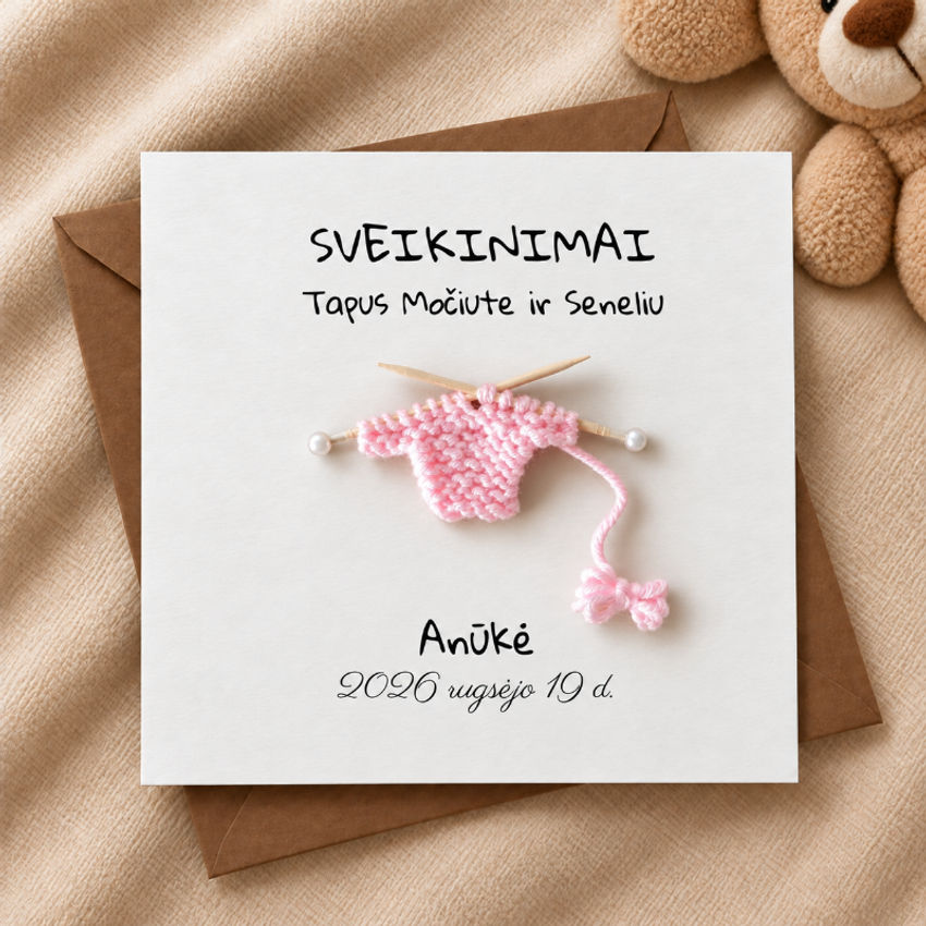 dekoracijos | spauda | rankų darbo atvirukas su megztu kūdikio 