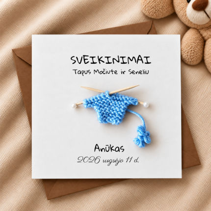 dekoracijos | spauda | Rankų darbo atvirukas su megztu kūdikio 