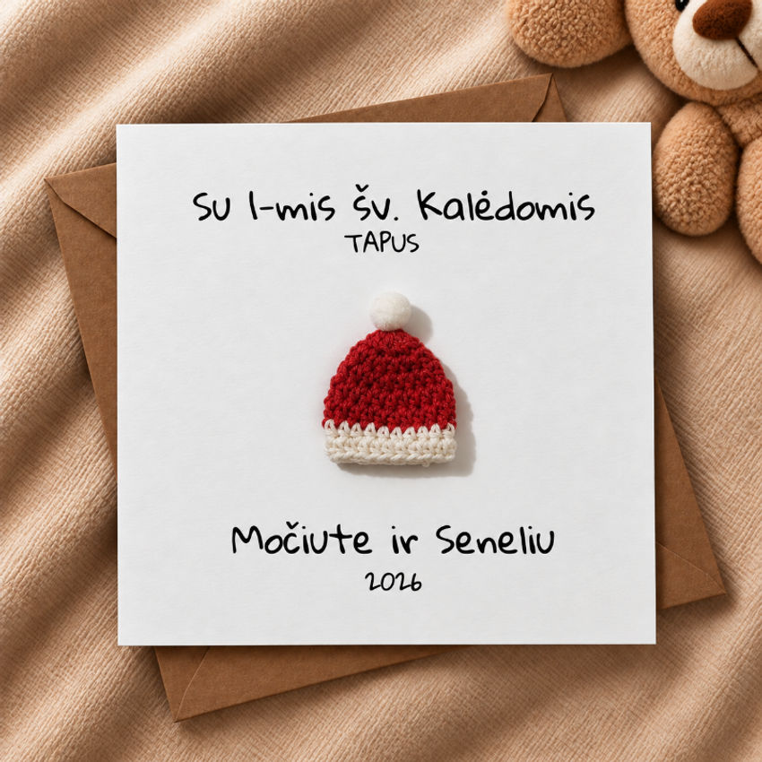 Rankų darbo atvirukas su megztu kūdikio megztuku „netrukus tapsite seneliais!“ dekoracijos | spauda | rankų darbo atvirukas su megztu kūdikio