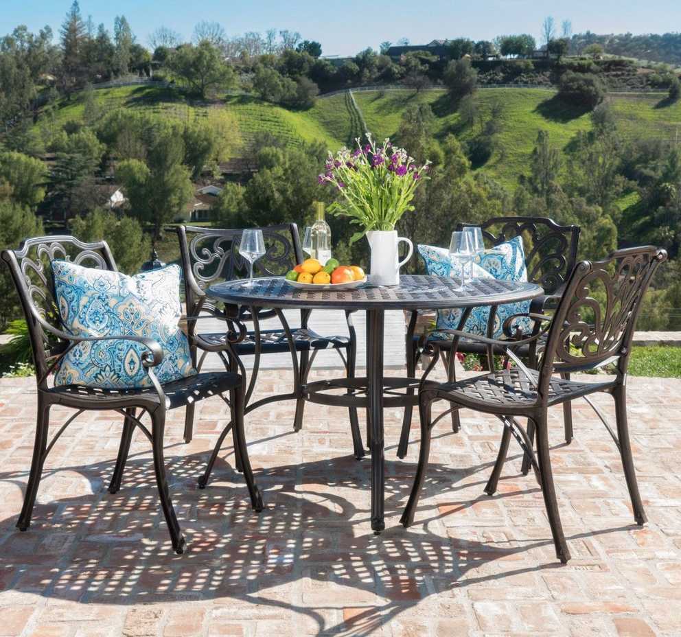 Fashionable Calandra Cast Aluminum 5 Piece Outdoor Dining Set With 48" Round Table Within Round 5 Piece Outdoor Dining Set (Photo 15 of 15)