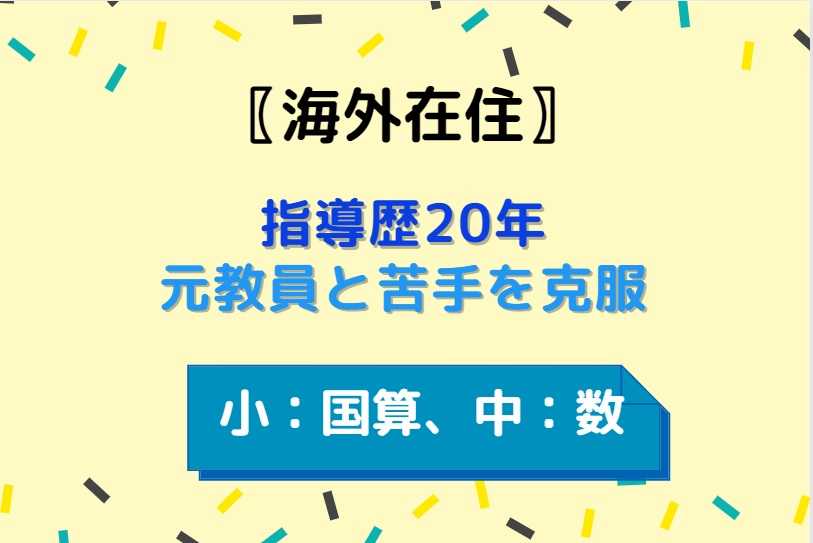 【海外在住】指導歴20年元教員と苦手を克服／小：国算、中：数