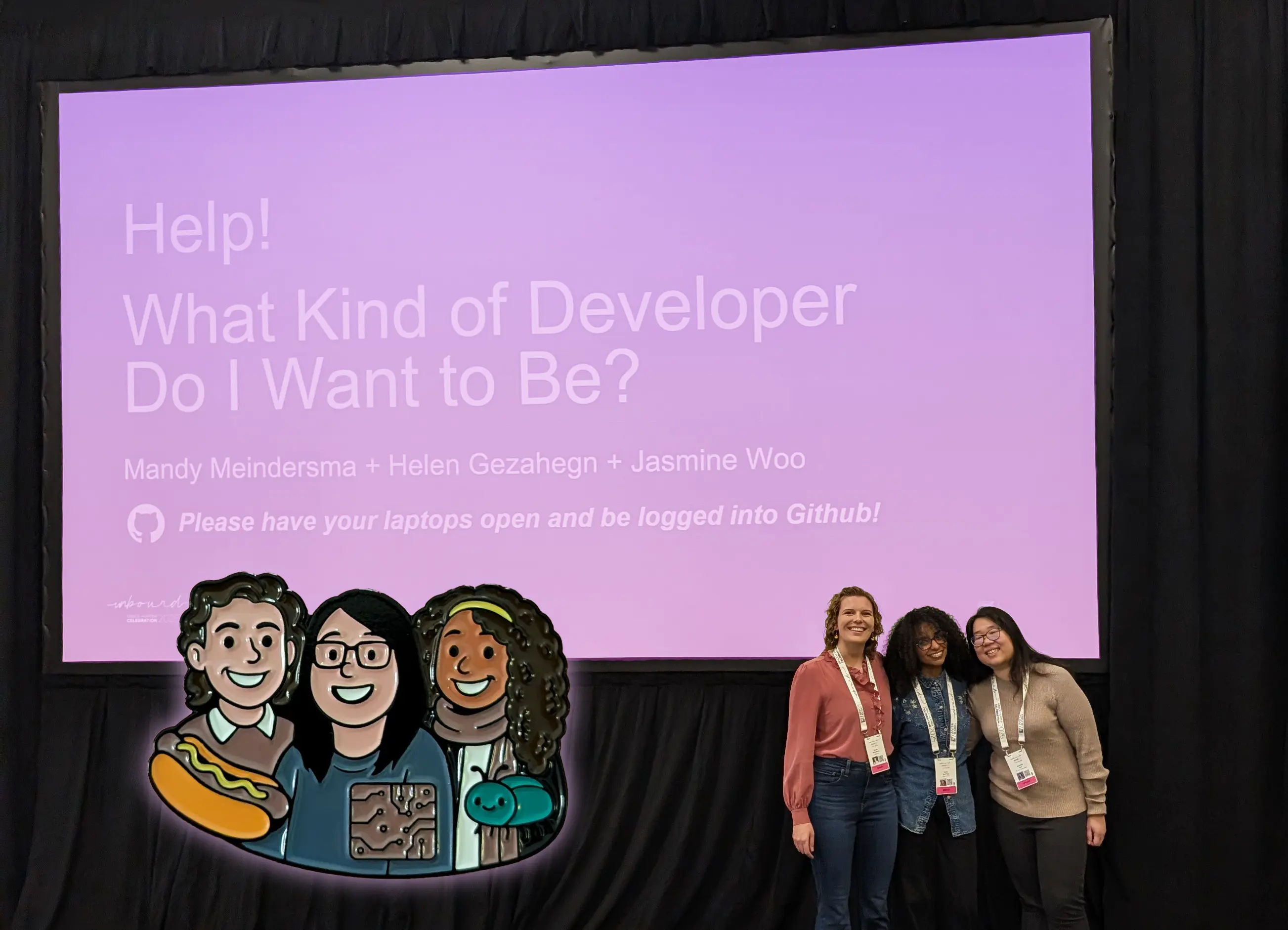 Mandy, Helen, Jasmine standing in from of their title slide and also a dropped image of the pin she made