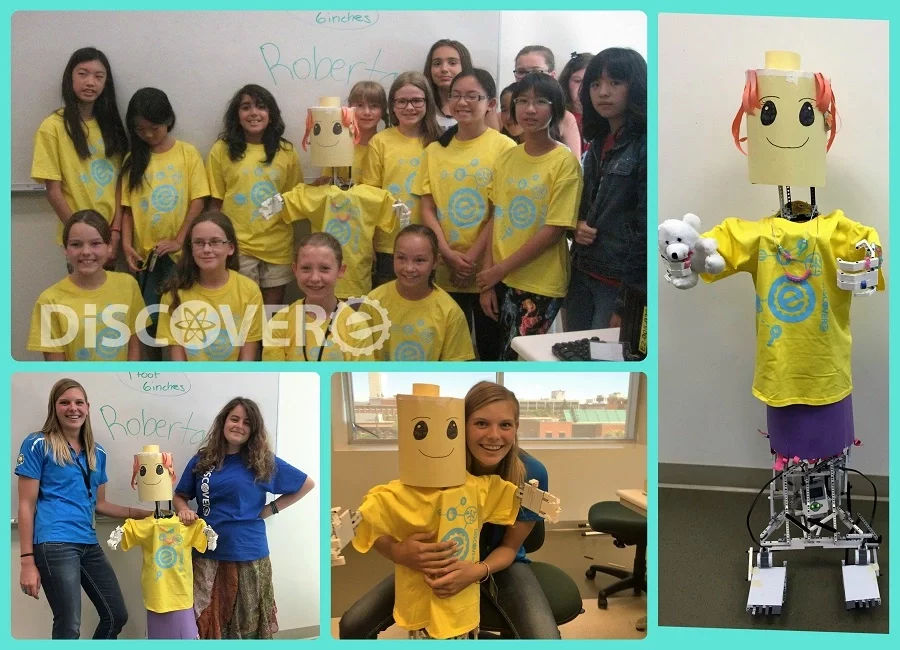 Collage of summer camp girls, leaders and a robot