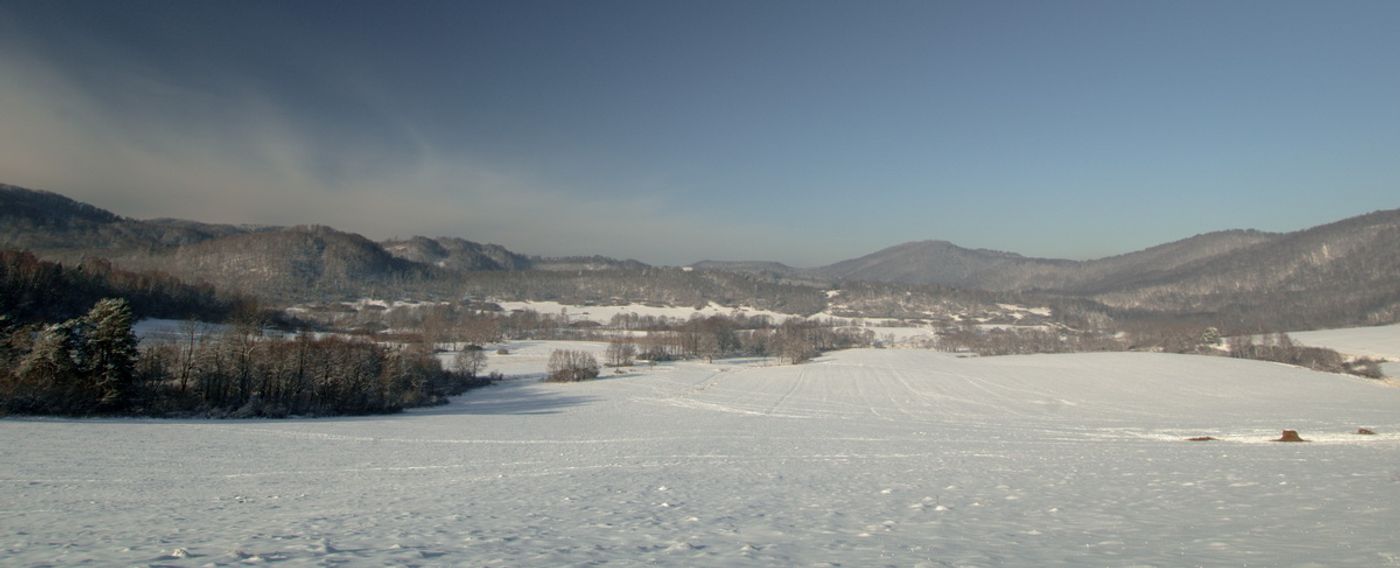 Een panorama van het open winterlandschap. © Karl Vanginderdeuren