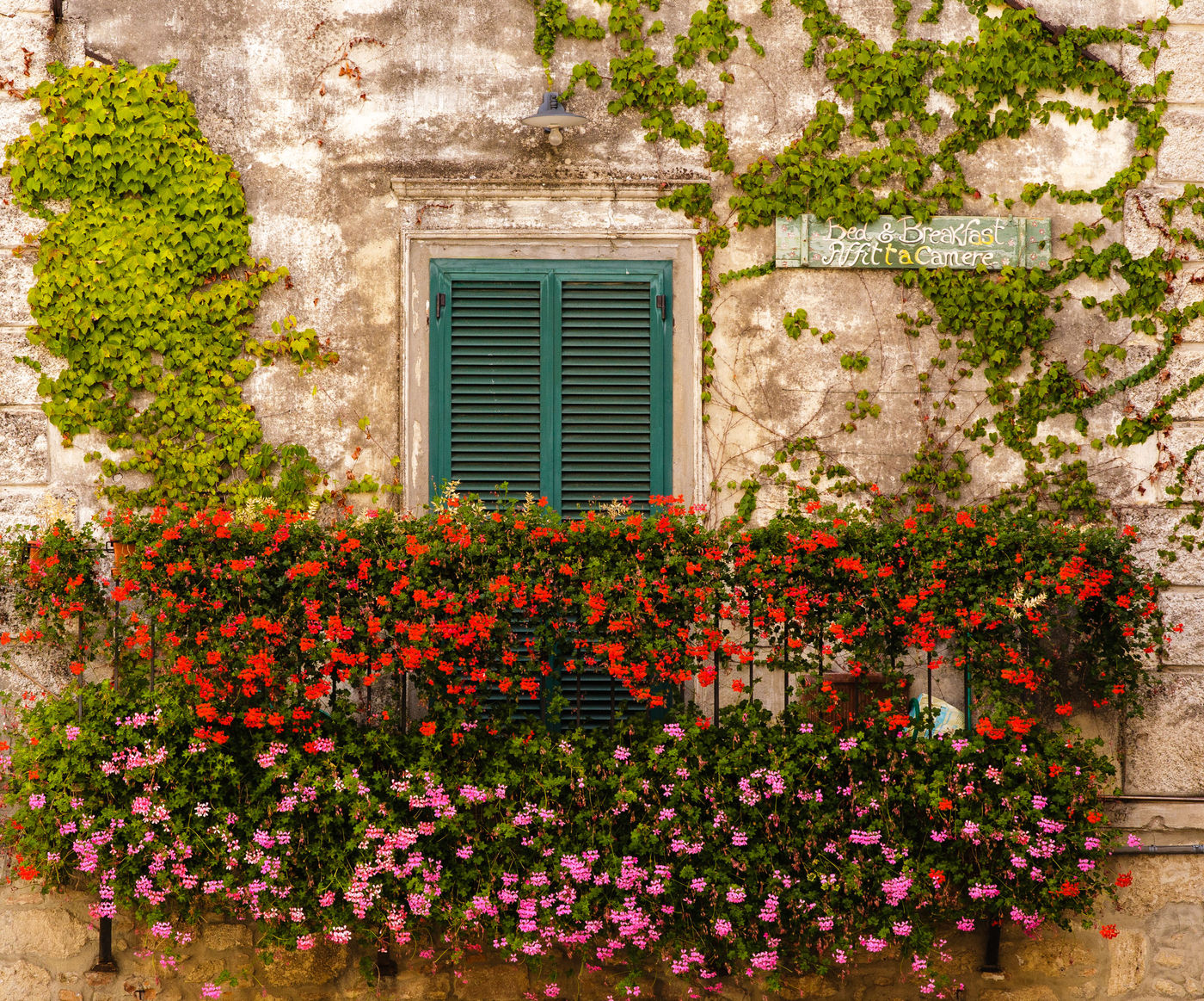 Groene luikjes met kleurrijke geraniums. © Bart Heirweg