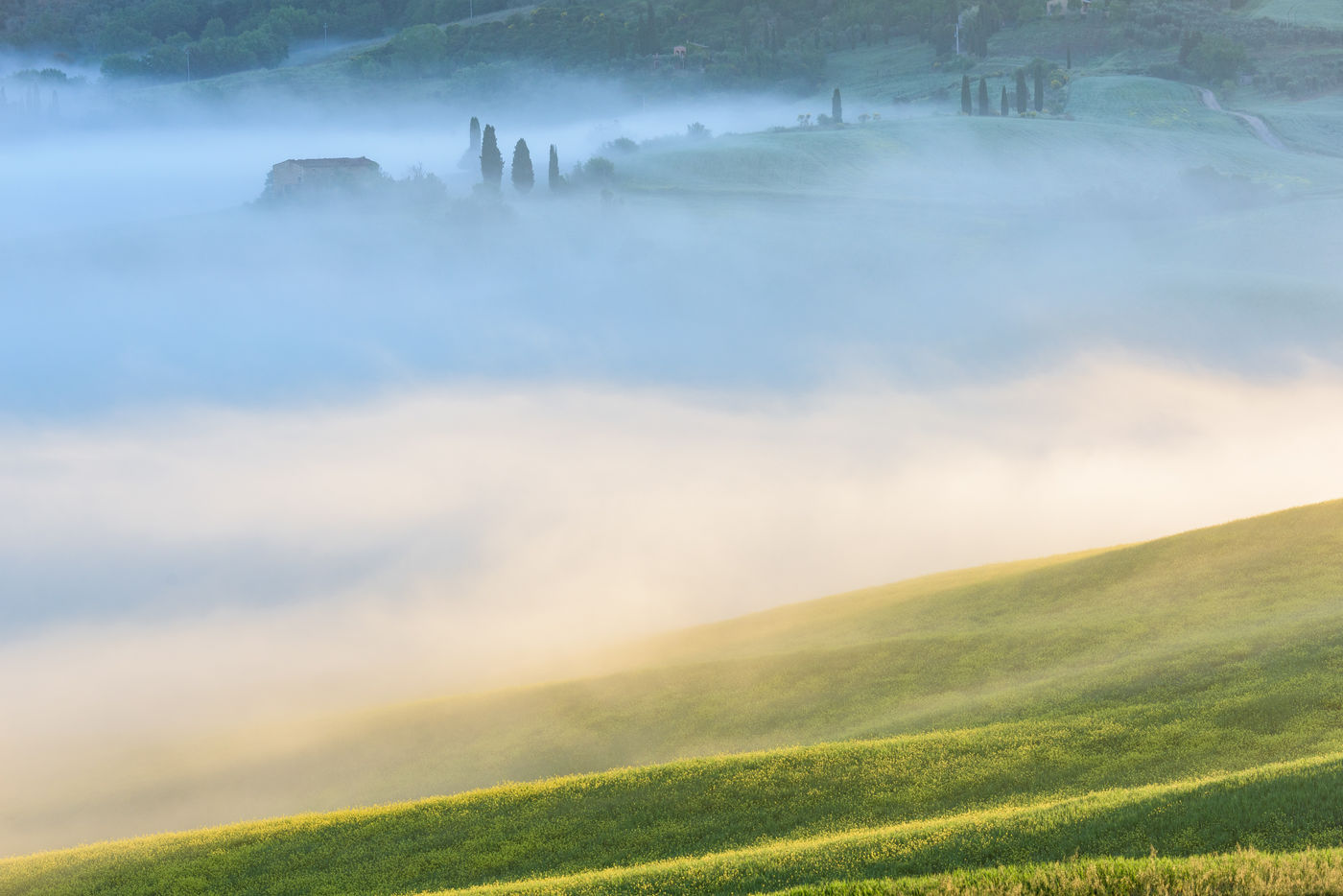 Mistige heuvels van het Toscaanse binnenland. © Bart Heirweg