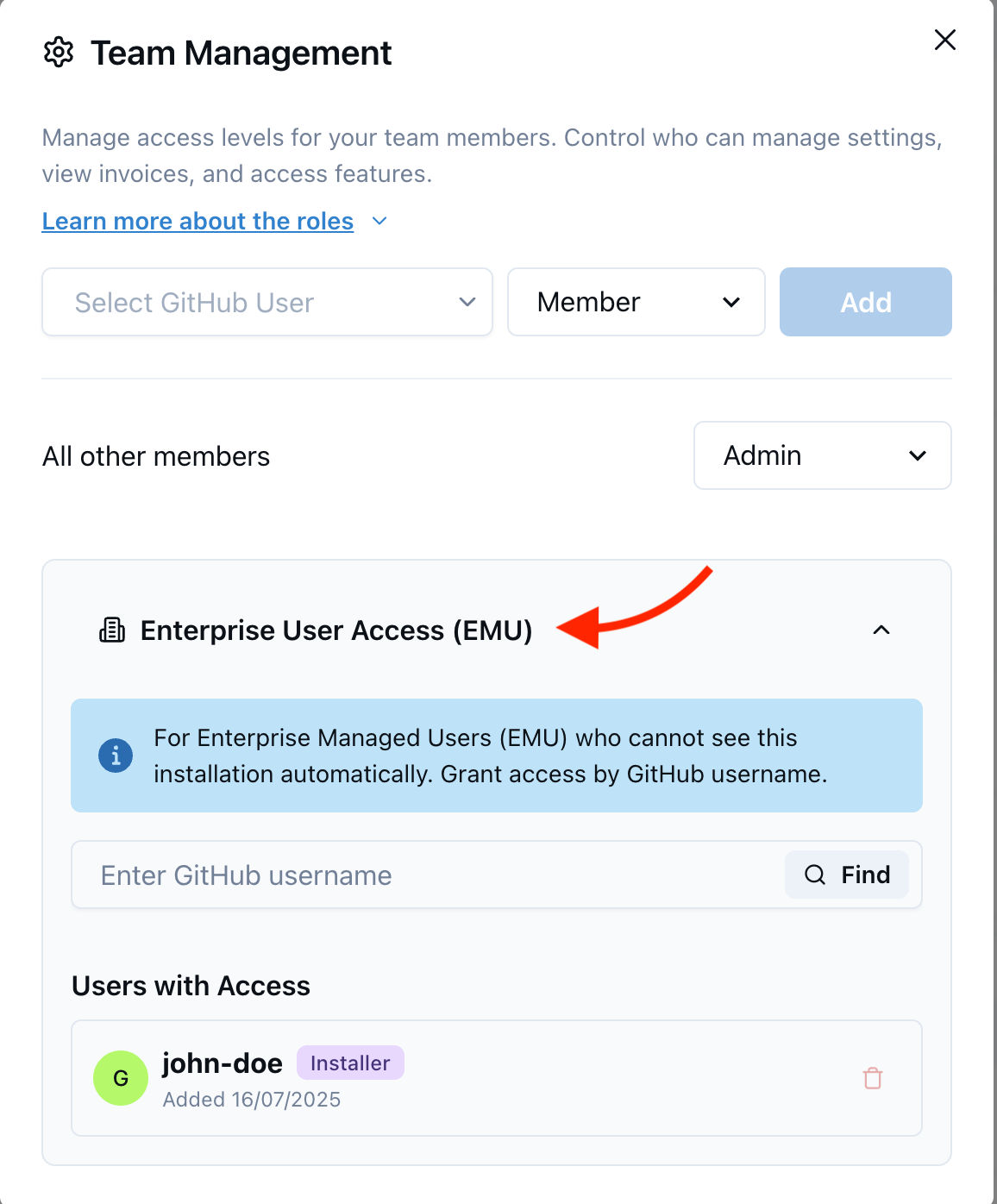 EMU Team Settings interface