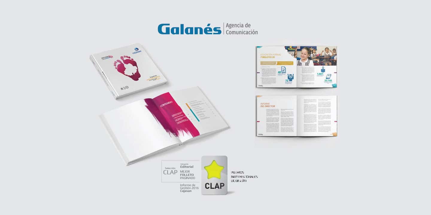 Informe de Gestión Cajasan 2016, ganador del Premio CLAP. Diseñado por Galanés Agencia de Comunicación.