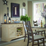 Kennedy Sideboard, Oak Wood, 402 Mocha Stain on the Top, 1P SAV White with Savannah Glaze on the Case Body, Vintage Distressing & Ring Pull Hardware 920240-904, shown with Rochester Dining Group. mavin chairs Rochester beauty 06