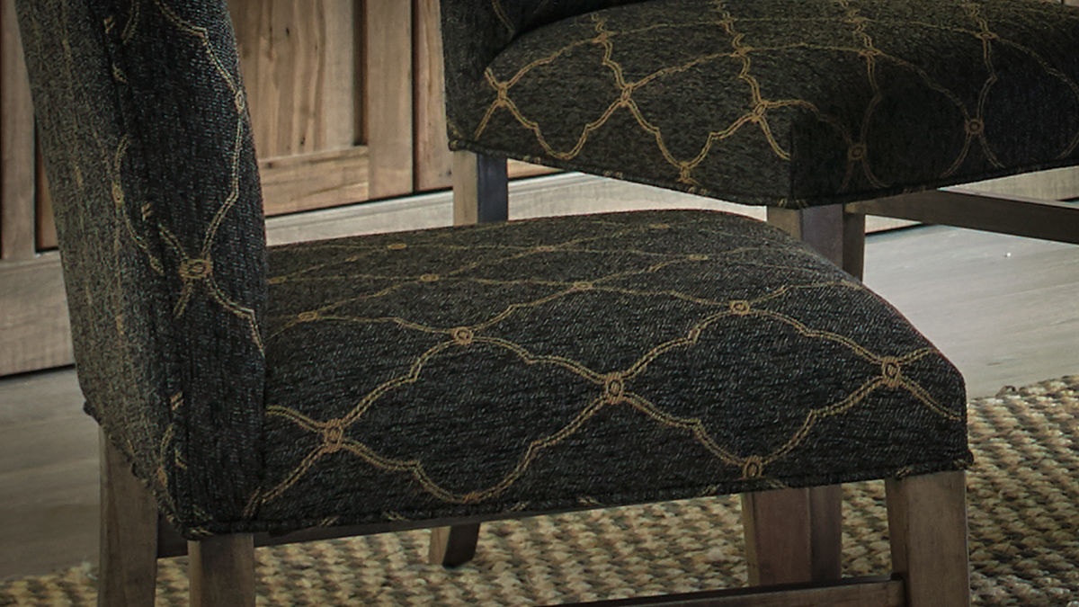 Arlo Side Chair ARL4714 Detail closeup of arlo chair in dark gray and gold patterned fabric