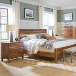 TAPPAN BEDROOM GROUP: King Plank Bed 1 with rail footboard TAP18122, Nightstand 4 TAP18244, Chest 9 TAP18272 in Walnut wood and 100 Natural finish. 48" Keystone Bench KEY2014BL48 in Maple, 26P Blue Sage finish and 2203 Crystal fabric. tappan featured