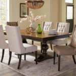 Thea Side Chair, THA7714, with 2206 Luna fabric, with 402 Mocha stain on legs. Plank Table in 401 Cider finish, with Double Madisyn pedestal in 402 Mocha finish. Thea Side Chair, THA7714, with 333 Cloudy Day Leather fabric, with 402 Mocha stain on legs. rectangle shaped dining table surrounded by thea side chairs with flowers on table