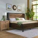 Fontana King Shelter Upholstered Bed with Low Footboard FON17622 in solid oak with our 2304 Buckle fabric and 402 Mocha stain. Fontana Nightstand 5 FON17245 in solid oak with 400 Belair stain and Fontana standard hardware, M1819.