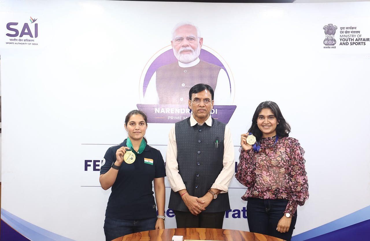 Mandaviya Felicitates Shooting World Cup Gold Medallists