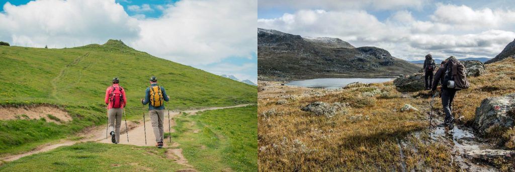 Two pictures comparing the terrain of hiking and terrain of trekking with a man and woman in luxury outdoor clothing.