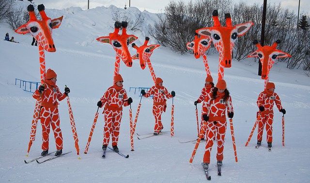 A group of skiers on the slopes dressed in a funny skiing outfit as giraffes.