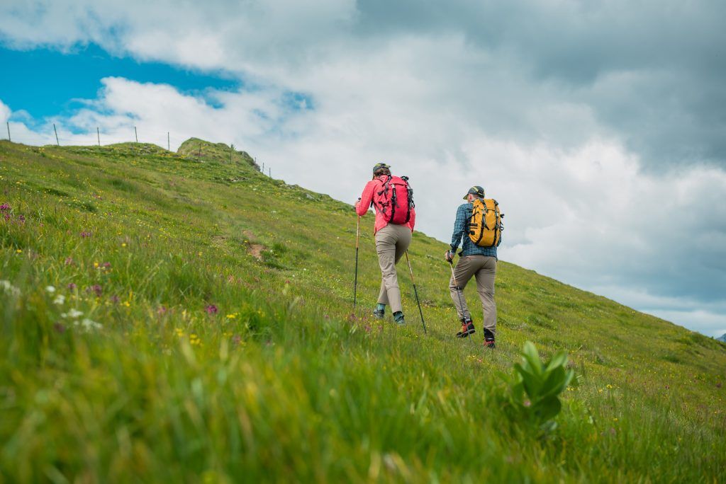 A young couple trekking on a green mountain on a sunny day in sports equipment